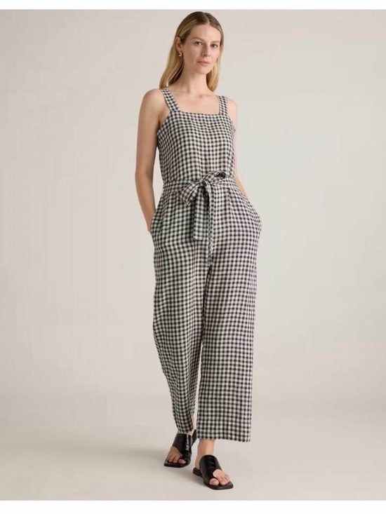 Quince Pants - Black and White Gingham Jumpsuit with Tie Waist